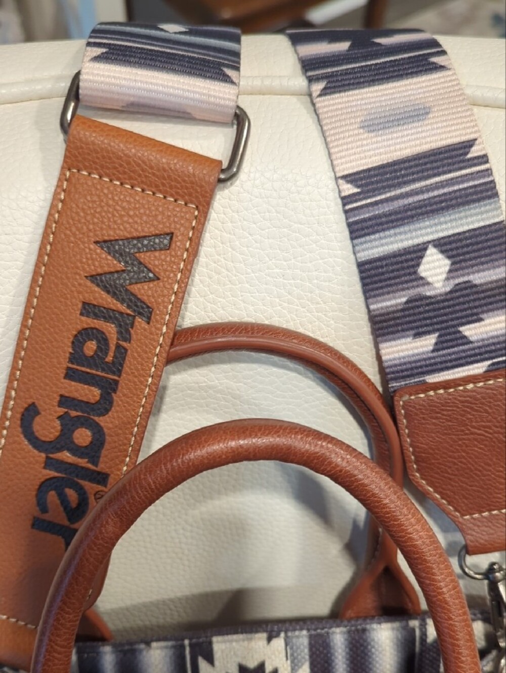 Wrangler Gray and White Aztec Canvas Tote with Brown Trim and Strap - Picture 3 of 12